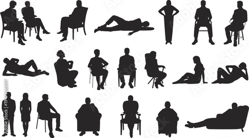 Collection of people silhouettes sitting standing and reclining, human pose set, black shadow figures isolated, various body positions illustration
