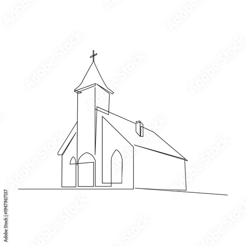 Continuous line drawing of a simple church with a cross on its steeple, a minimalist outline art vector illustration.
