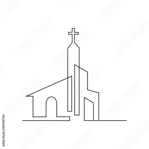 Minimalist One Line Art Drawing of a Church Building with a Cross on its Steeple