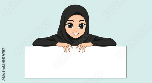 Friendly young woman wearing a black hijab and smiling while leaning over a large blank white banner for text on a blue background.
