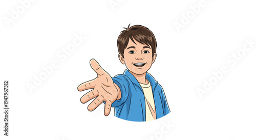 Cheerful young boy with dark hair extending his hand for a friendly greeting or invitation on a white background.