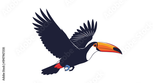 Colorful toucan bird flying through the air with outstretched wings showing its iconic large orange and yellow beak.