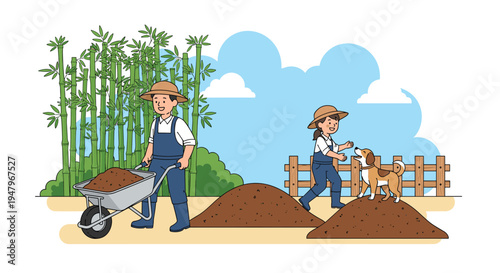 Agricultural scene showing farmers transporting soil in a wheelbarrow near a bamboo grove with a playful dog on a mound.
