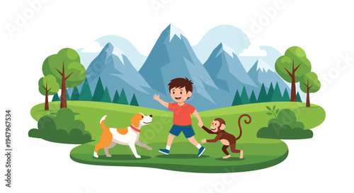 Adventurous scene of a young boy walking in a green valley with his dog and a small monkey with mountains in the background.
