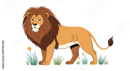 Side profile of a majestic male lion with a full dark mane standing in a grassy field with small flowers on a white background.