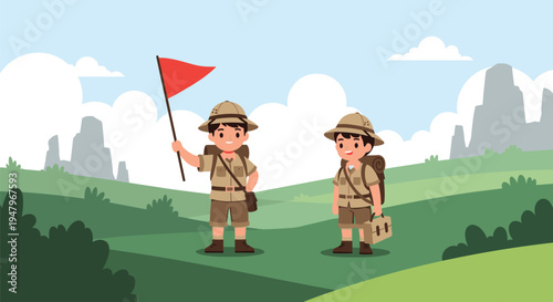 Two young boy scouts in full uniform with backpacks standing in a hilly landscape, with one holding a bright red flag.