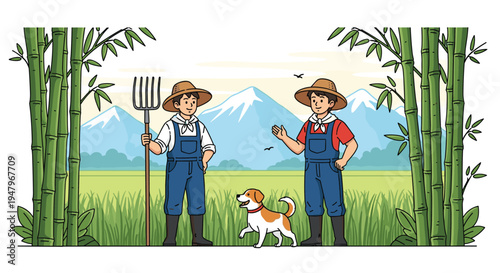 Two farmers talking in a lush green rice field with a dog, bamboo trees, and snow-capped mountains in the distance.
