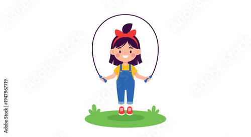 Happy little girl with a red bow in her hair jumping rope on a patch of green grass against a clean white background.
