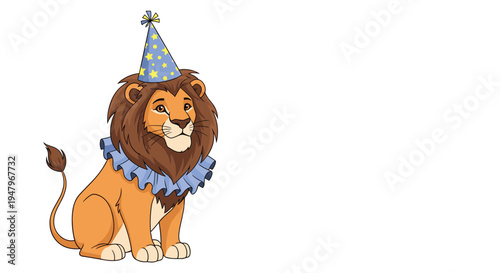 Cheerful circus lion wearing a blue ruff and a starry party hat sitting calmly on a clean white background for kids.