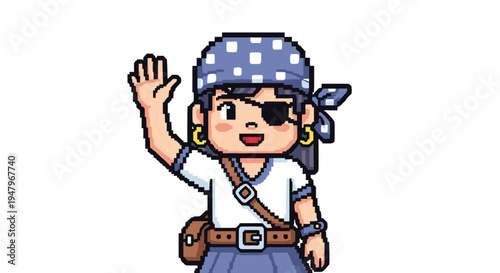 Cheerful pixel art pirate girl with an eye patch and a polka dot bandana waving her hand in a friendly greeting.