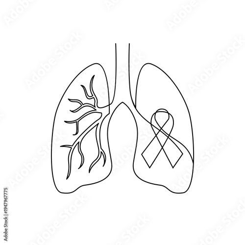 Continuous Line Drawing of Human Lungs with Bronchial Tree and Lung Cancer Awareness Ribbon