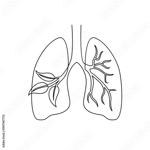 Continuous Line Art of Human Lungs with Botanical Elements Symbolizing Respiratory Health