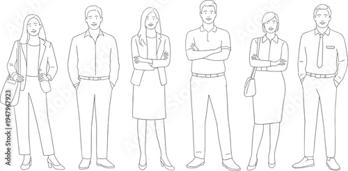 Minimal line art business people characters standing professional office team corporate outline illustration collection