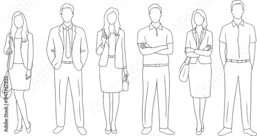 Minimal line art business people characters standing professional office team corporate outline illustration set