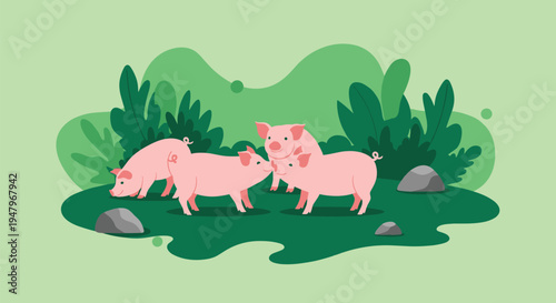 Group of four cute pink pigs foraging and playing together in a green grassy field surrounded by bushes and small rocks.
