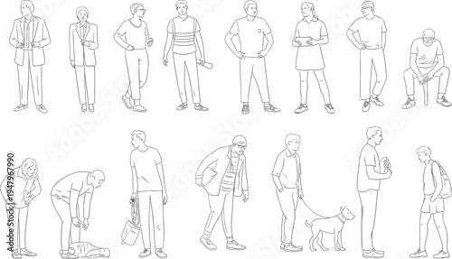 Minimal line art people characters daily activities standing bending lifestyle actions outline illustration collection set