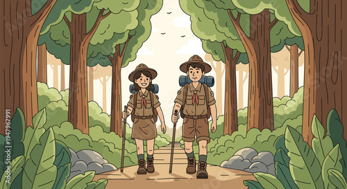 Two young scouts in uniform carry backpacks and walking sticks as they hike along a scenic trail through a dense green forest.