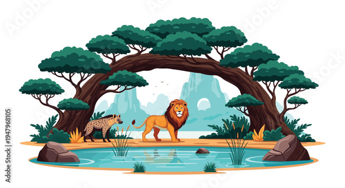 Majestic male lion and a spotted hyena stand near a water hole under a large arched tree with mountains in the background.