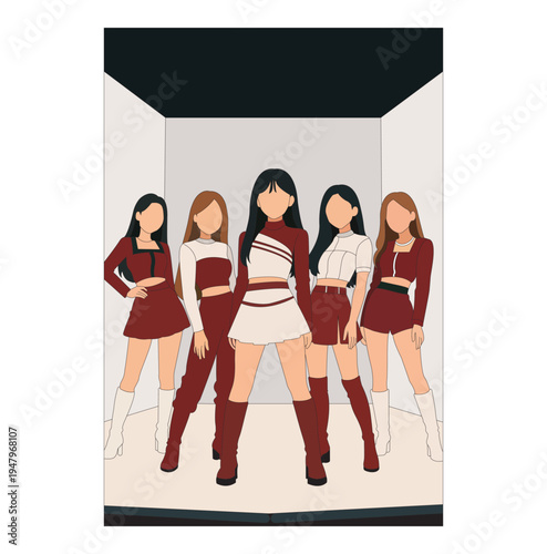 Vector illustration of five members of a kpop idol girl group. K-pop female fashion idols, Vector illustration of Kpop fashion stage, Performance of five Korean idols