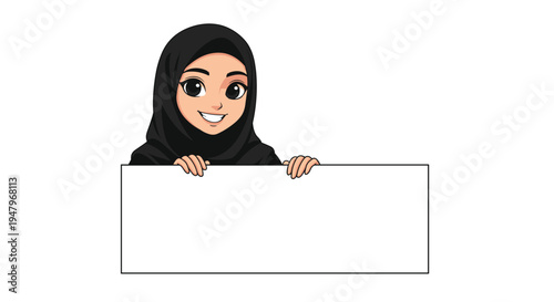 Smiling young Muslim woman wearing a black hijab and clothing holds a large blank white rectangular board for your message.