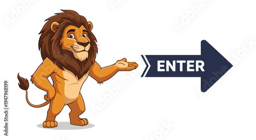 Friendly cartoon lion with a thick mane gestures towards a large dark blue arrow with the word ENTER written on it.