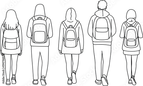 Students walking back view with backpacks minimal line art people outline illustration character set