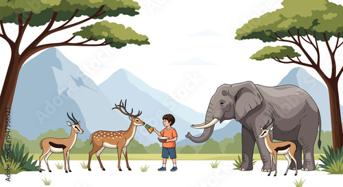 Kind young boy feeds a spotted deer while an elephant and several gazelles gather around him in a savanna landscape.