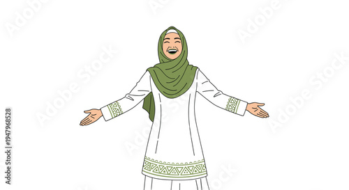 Joyful Muslim girl in a green hijab and white traditional dress stands with her arms wide open and a huge smile.