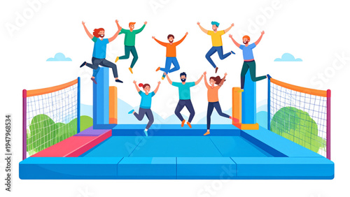 Colorful Indoor Trampoline Park with Happy People Jumping Flat Vector Illustration