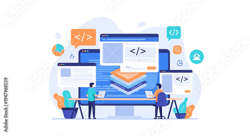 Collaborative Coding and Programming Illustration with Laptops, Code Symbols, and Dynamic Digital Elements in Creative Workflow Environment