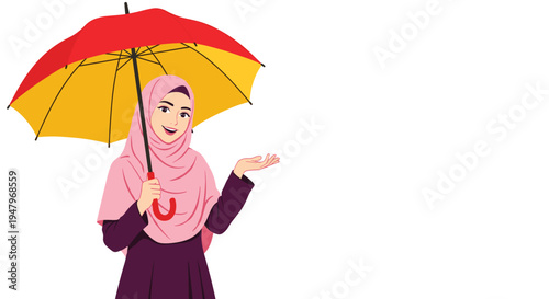Beautiful Muslim woman in a pink hijab and dark dress holds a bright red and yellow umbrella against a white background.