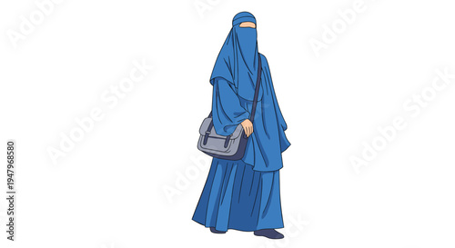 Muslim woman wearing a full-length blue niqab and carrying a grey shoulder bag walks gracefully against a white background.