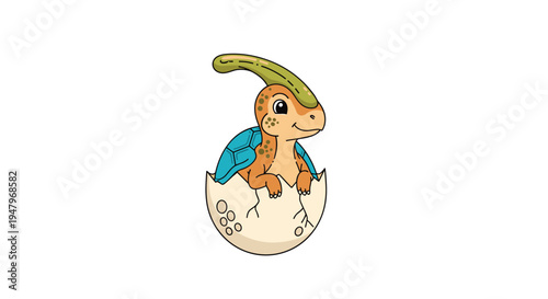 Adorable baby dinosaur with a blue shell and a long crest hatches from its egg with a curious and happy expression.