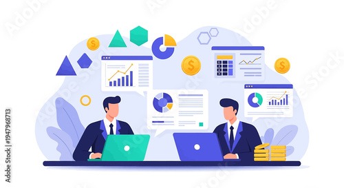 Modern flat vector illustration of two business professionals working on laptops surrounded by financial charts and graphs in a corporate environment