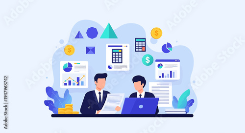 Two business professionals analyzing financial charts and graphs during a corporate strategy meeting emphasizing data-driven decisions in a collaborative environment