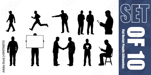 Set of professional flat vector silhouettes of people performing various actions