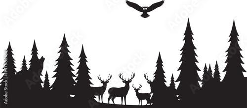 Silhouette of deer and eagle in forest with tall trees and white background