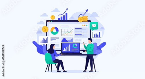 Digital illustration of two people collaborating on data analysis using computers and visual displays with charts, graphs, and interactive elements in a modern workspace