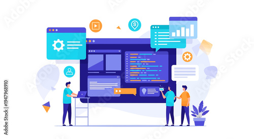 Vibrant collaborative software development team illustrating productivity innovation through coding data analysis with monitor icons in modern workspace