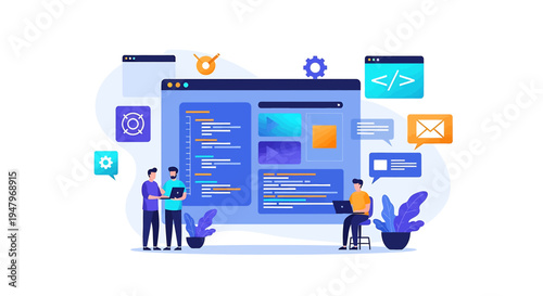 Cartoon illustration of a development team collaborating on a software application with a blue screen displaying menu and content, surrounded by coding symbols and two plants in a modern workspace.