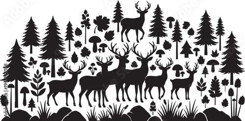 Deer and trees in a forest landscape with silhouettes of wildlife and foliage
