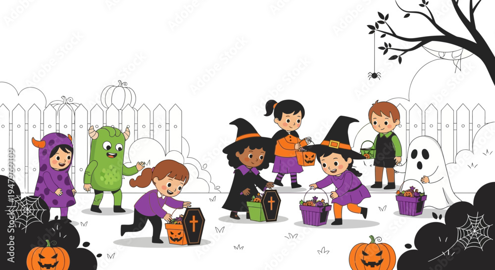 Fototapeta premium Children in Halloween costumes trick-or-treating with pumpkins and spooky decorations