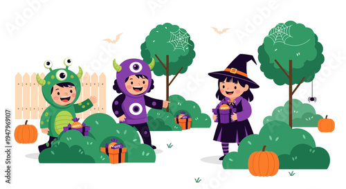 Children in Halloween costumes trick-or-treating with gifts in a spooky garden