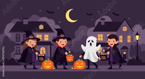 Children in Halloween costumes trick-or-treating with pumpkins and a ghost under a crescent moon.