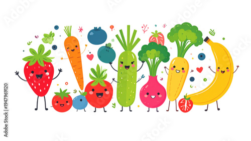 Cute Kawaii Fruits Berries and Vegetables Characters Flat Vector Illustration Set