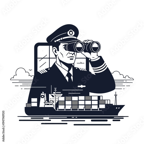Captain looking through binoculars on ship.