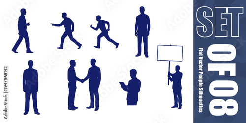 Set of professional flat vector silhouettes of people performing various actions