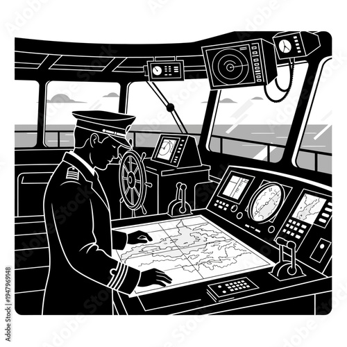 Captain navigating ship with charts.
