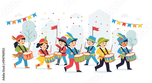 Children Parade Playing Drums with Colorful Costumes and Flags