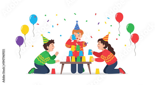 Children playing cup stacking game at birthday party with balloons and confetti